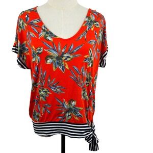 Lascana 4/6 Top Tropical Floral Side Tie Striped Trim Lightweight Mixed Media